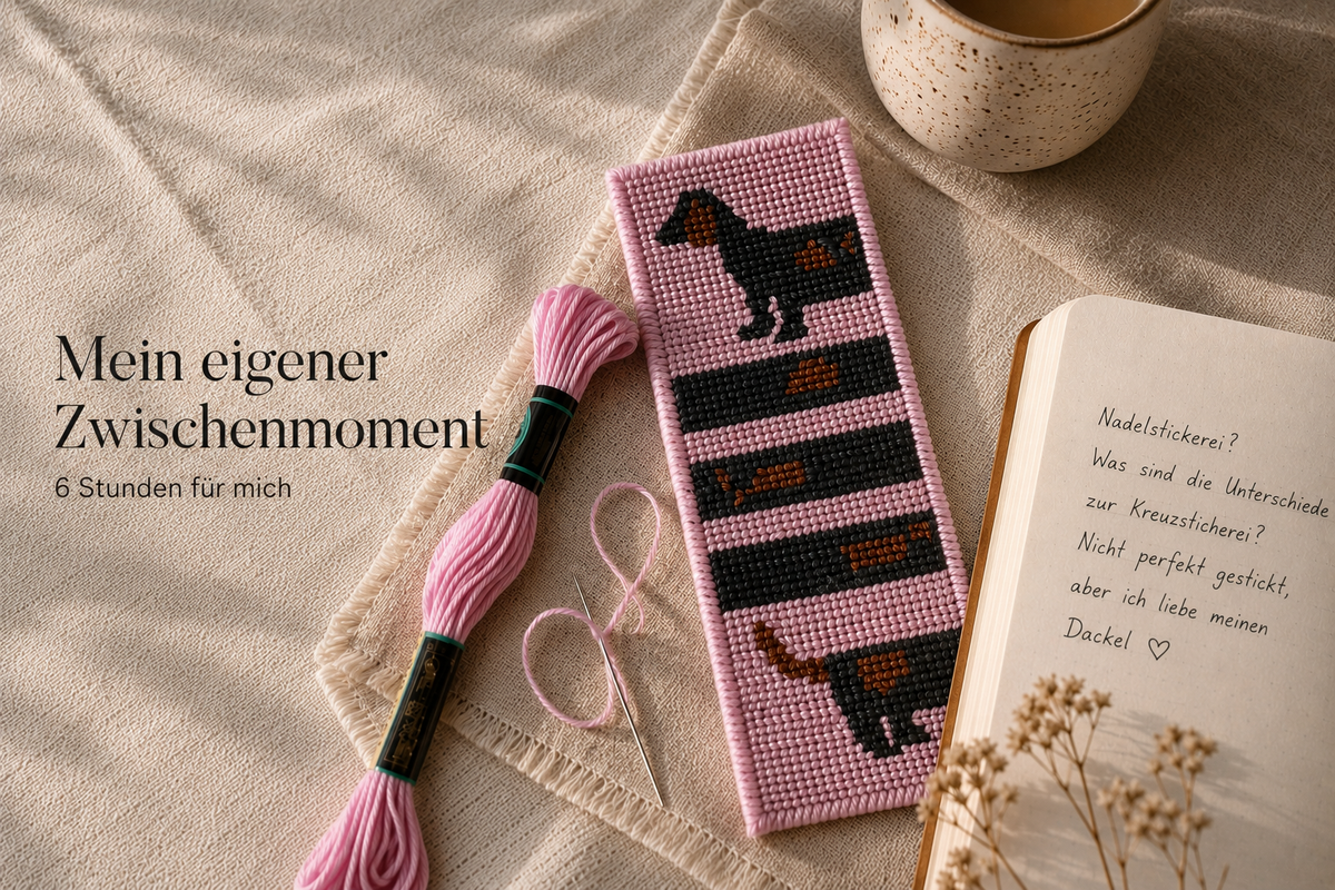 Selbstgemachtes Needlepoint-Lesezeichen mit Dackelmotiv auf einem Buch