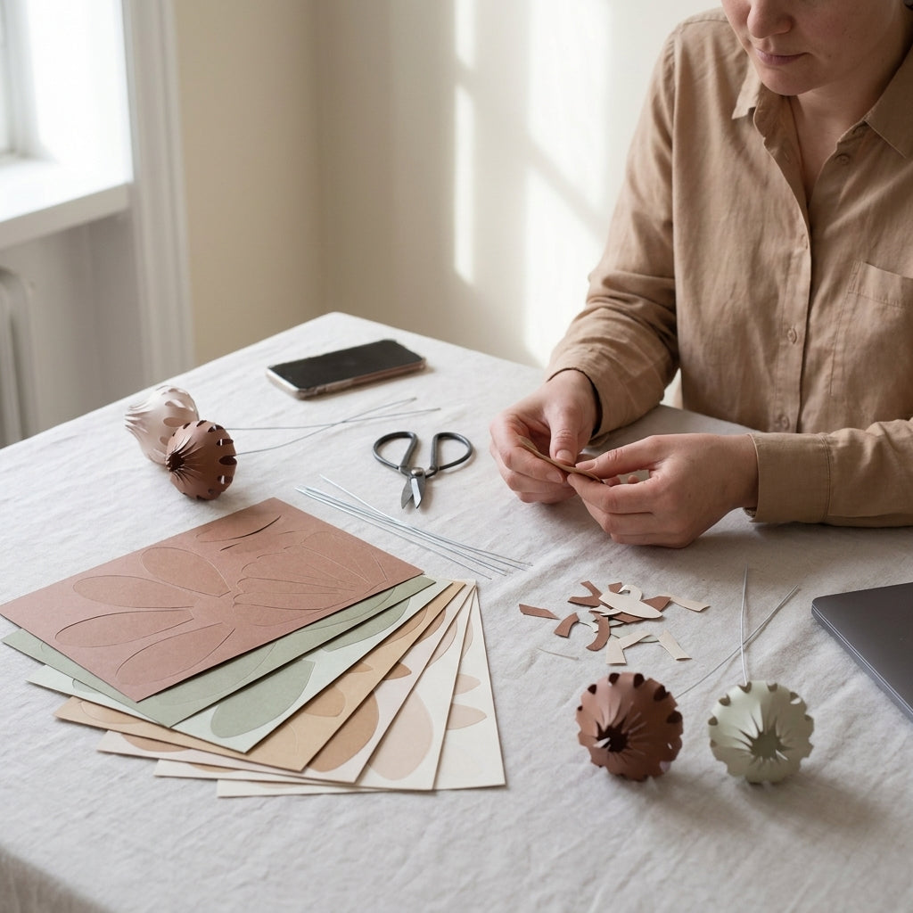 Vier-Feld-Collage: Arbeitsschritte beim Zusammenstecken einer Papierblüte aus vorgestanzten Bögen.